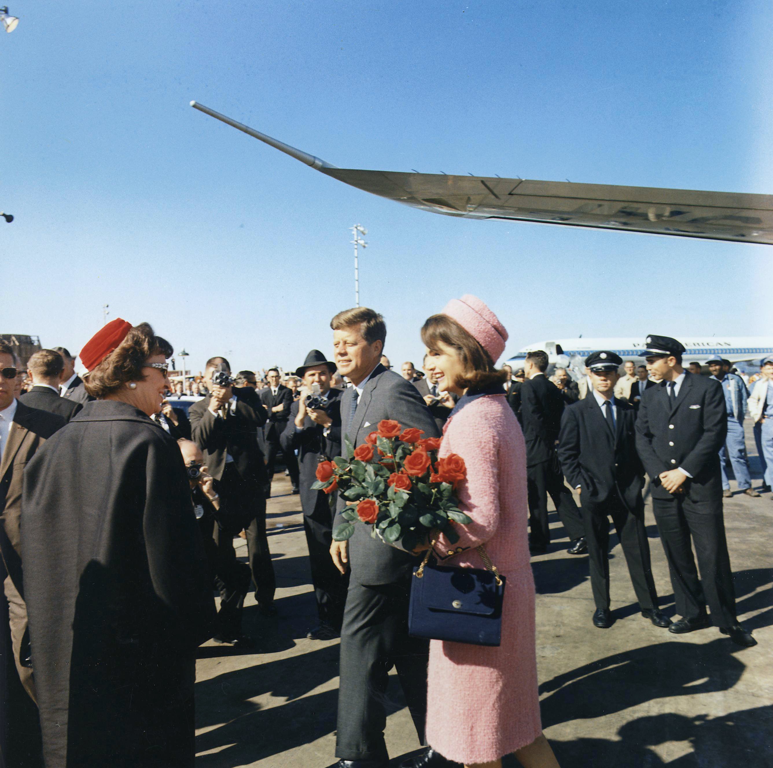 President John F. Kennedy and Jacqueline Kennedy arriving at Dallas Love Field on 22 November 1963